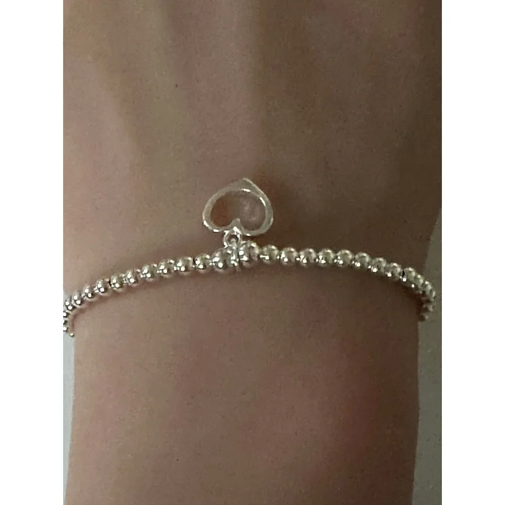 925 Sterling Silver Beaded Stretch Stacking Bracelet Heart Charm Minimalist S7" - Picture 3 of 5
